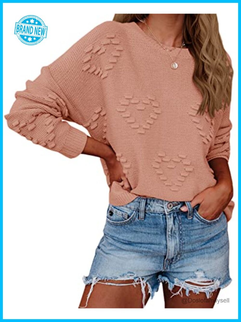 Womens Oversized Heart Print Knit Sweater Crew Neck Batwing Sleeve Pullover
